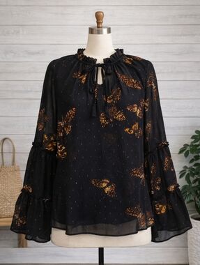 Lovestitch Black and Orange Balloon Sleeve Blouse With Butterflies